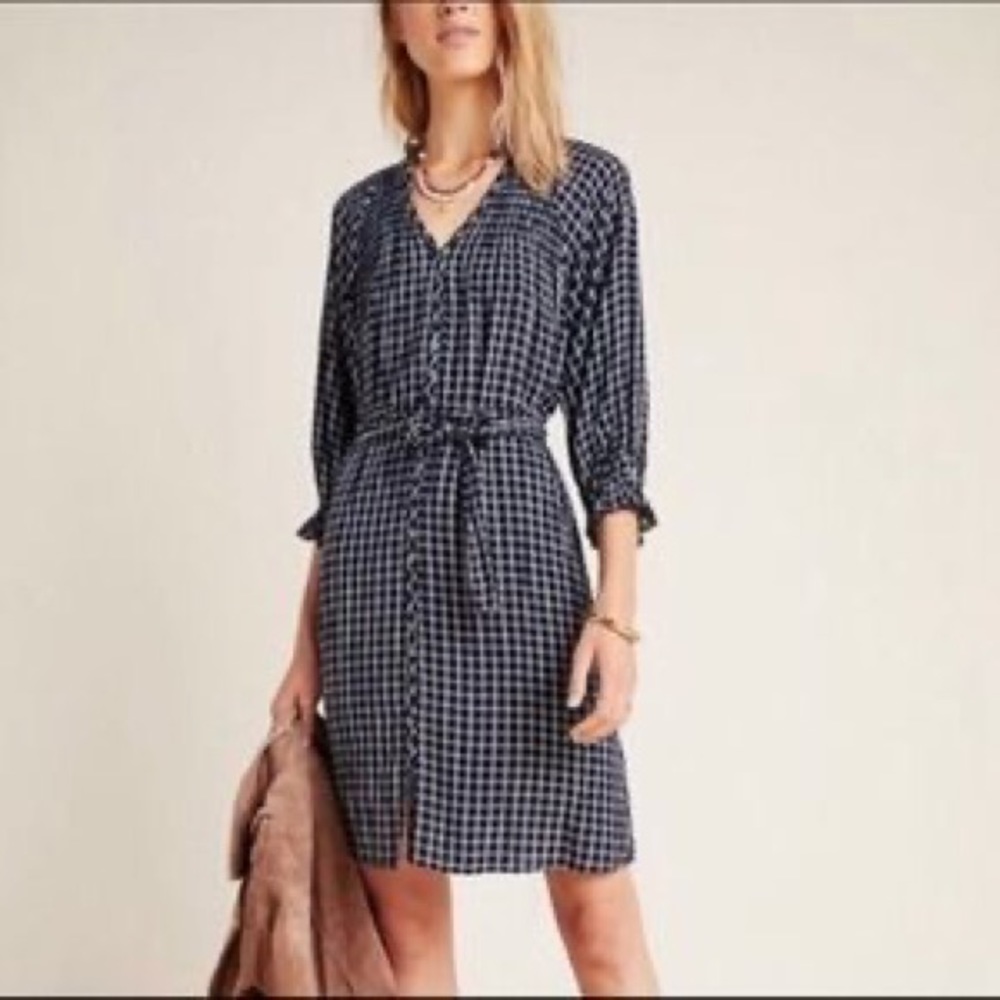 Maeve by Anthropologie Navy White Plaid Shirt Dress